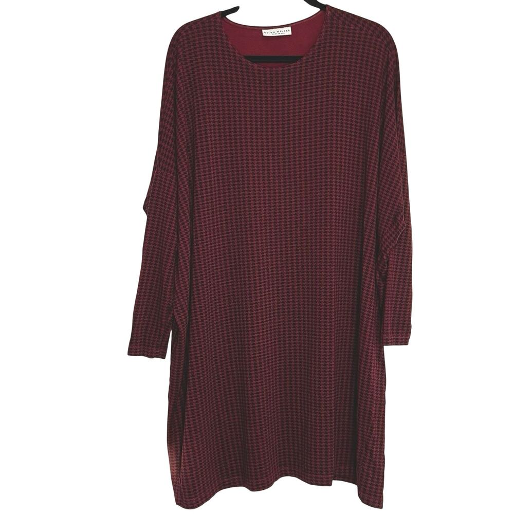 Bryn Walker Alona Dress Size S Burgundy Black Houndstooth Dolman Sleeves Relaxed